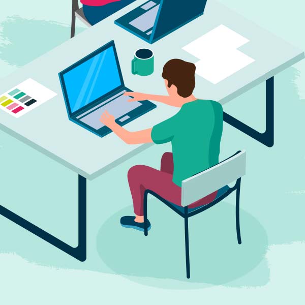 Croquis d'un graphiste avec son ordinateur à Nantes pour création de site web