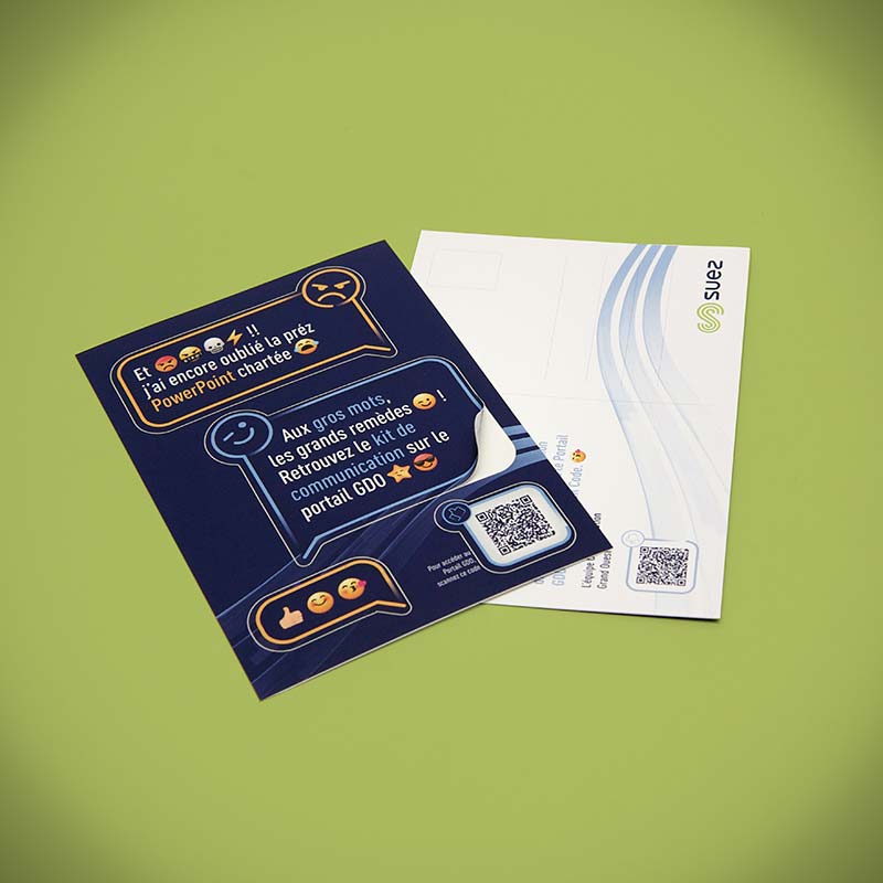 Réalisation d'une carte postale pour l'entreprise SUEZ avec au recto quatres adhésifs