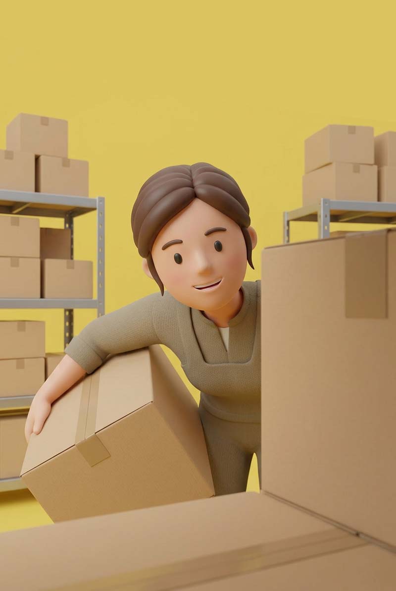 Employée d'imprimerie au mileu de carton de livraison de packaging, de flyers et d'enseigne dans l'ouest de la France et la région parisienne
